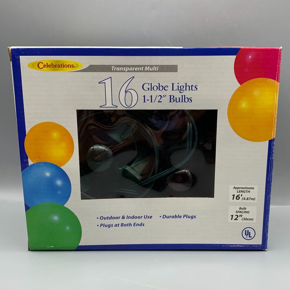 Celebrations Transparent Multi-Colored 16 Globe Lights 1 1/2" Bulbs in Box